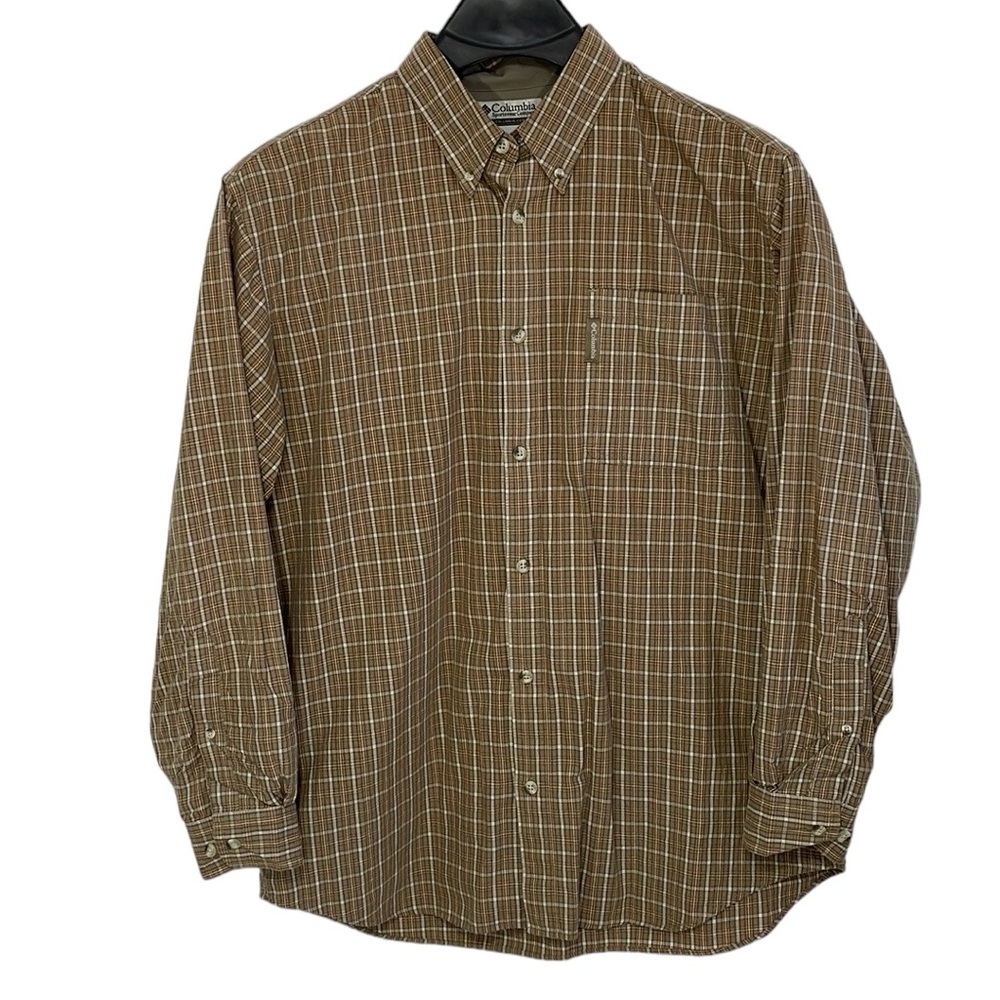 Columbia men’s L long sleeve button down shirt. Brown, tan and white plaid. EUC